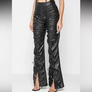Maniere De Voir Black Vegan Leather Ruched Pants Trousers